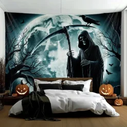 Halloween Hanging Tapestry Death under the Moon Photograph Backdrop Jack O Lantern Wall Art Large Tapestry Mural Decor Blanket Curtain Home Bedroom Living Room Decoration Death Selfie