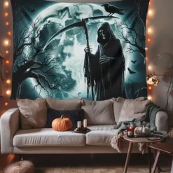 Halloween Hanging Tapestry Death under the Moon Photograph Backdrop Jack O Lantern Wall Art Large Tapestry Mural Decor Blanket Curtain Home Bedroom Living Room Decoration Death Selfie