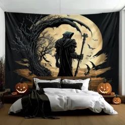 Halloween Hanging Tapestry Death under the Moon Photograph Backdrop Jack O Lantern Wall Art Large Tapestry Mural Decor Blanket Curtain Home Bedroom Living Room Decoration Death Selfie