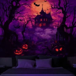 Halloween Hanging Tapestry Photograph Backdrop Jack O Lantern Wall Art Large Tapestry Mural Decor Blanket Curtain Home Bedroom Living Room Decoration Death Selfie