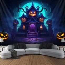 Halloween Hanging Tapestry Photograph Backdrop Jack O Lantern Wall Art Large Tapestry Mural Decor Blanket Curtain Home Bedroom Living Room Decoration Death Selfie