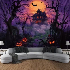 Halloween Hanging Tapestry Photograph Backdrop Jack O Lantern Wall Art Large Tapestry Mural Decor Blanket Curtain Home Bedroom Living Room Decoration Death Selfie