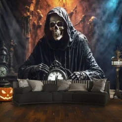 Halloween Hanging Tapestry Death God Photograph Backdrop Jack O Lantern Wall Art Large Tapestry Mural Decor Blanket Curtain Home Bedroom Living Room Decoration Death Selfie