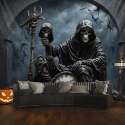 Halloween Hanging Tapestry Death God Photograph Backdrop Jack O Lantern Wall Art Large Tapestry Mural Decor Blanket Curtain Home Bedroom Living Room Decoration Death Selfie