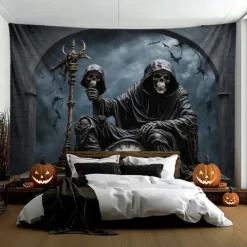 Halloween Hanging Tapestry Death God Photograph Backdrop Jack O Lantern Wall Art Large Tapestry Mural Decor Blanket Curtain Home Bedroom Living Room Decoration Death Selfie