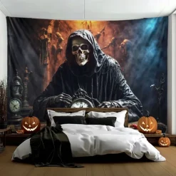 Halloween Hanging Tapestry Death God Photograph Backdrop Jack O Lantern Wall Art Large Tapestry Mural Decor Blanket Curtain Home Bedroom Living Room Decoration Death Selfie