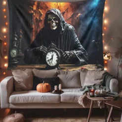 Halloween Hanging Tapestry Death God Photograph Backdrop Jack O Lantern Wall Art Large Tapestry Mural Decor Blanket Curtain Home Bedroom Living Room Decoration Death Selfie