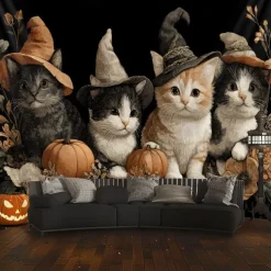 Halloween Hanging Tapestry Witch Cat Photograph Backdrop Jack O Lantern Wall Art Large Tapestry Mural Decor Blanket Curtain Home Bedroom Living Room Decoration Death Selfie