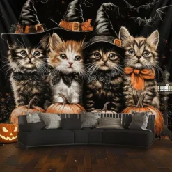Halloween Hanging Tapestry Witch Cat Photograph Backdrop Jack O Lantern Wall Art Large Tapestry Mural Decor Blanket Curtain Home Bedroom Living Room Decoration Death Selfie