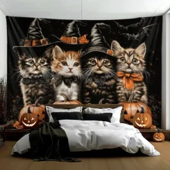 Halloween Hanging Tapestry Witch Cat Photograph Backdrop Jack O Lantern Wall Art Large Tapestry Mural Decor Blanket Curtain Home Bedroom Living Room Decoration Death Selfie