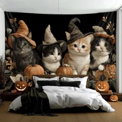 Halloween Hanging Tapestry Witch Cat Photograph Backdrop Jack O Lantern Wall Art Large Tapestry Mural Decor Blanket Curtain Home Bedroom Living Room Decoration Death Selfie