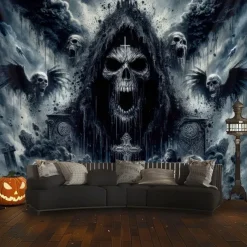 Halloween Hanging Tapestry Death God Photograph Backdrop Jack O Lantern Wall Art Large Tapestry Mural Decor Blanket Curtain Home Bedroom Living Room Decoration Death Selfie