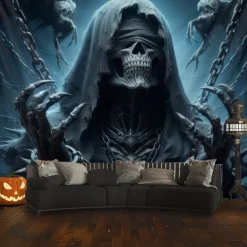 Halloween Hanging Tapestry Death God Photograph Backdrop Jack O Lantern Wall Art Large Tapestry Mural Decor Blanket Curtain Home Bedroom Living Room Decoration Death Selfie