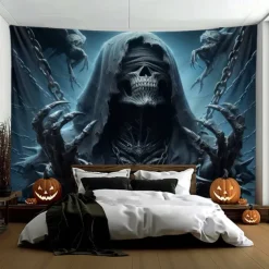 Halloween Hanging Tapestry Death God Photograph Backdrop Jack O Lantern Wall Art Large Tapestry Mural Decor Blanket Curtain Home Bedroom Living Room Decoration Death Selfie