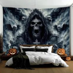 Halloween Hanging Tapestry Death God Photograph Backdrop Jack O Lantern Wall Art Large Tapestry Mural Decor Blanket Curtain Home Bedroom Living Room Decoration Death Selfie