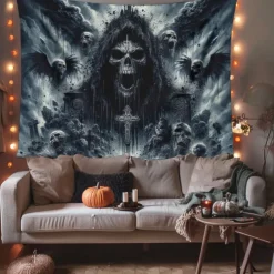 Halloween Hanging Tapestry Death God Photograph Backdrop Jack O Lantern Wall Art Large Tapestry Mural Decor Blanket Curtain Home Bedroom Living Room Decoration Death Selfie