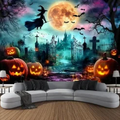Halloween Hanging Tapestry Photograph Backdrop Jack O Lantern Wall Art Large Tapestry Mural Decor Blanket Curtain Home Bedroom Living Room Decoration Death Selfie