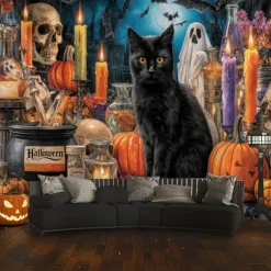 Halloween Hanging Tapestry Black Cat Photograph Backdrop Jack O Lantern Wall Art Large Tapestry Mural Decor Blanket Curtain Home Bedroom Living Room Decoration Death Selfie