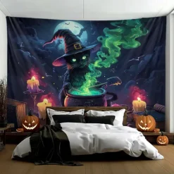 Halloween Hanging Tapestry Black Cat Photograph Backdrop Jack O Lantern Wall Art Large Tapestry Mural Decor Blanket Curtain Home Bedroom Living Room Decoration Death Selfie