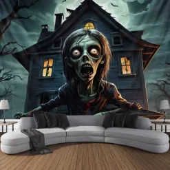 Halloween Hanging Tapestry Zombie Photograph Backdrop Jack O Lantern Wall Art Large Tapestry Mural Decor Blanket Curtain Home Bedroom Living Room Decoration Death Selfie