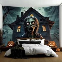Halloween Hanging Tapestry Zombie Photograph Backdrop Jack O Lantern Wall Art Large Tapestry Mural Decor Blanket Curtain Home Bedroom Living Room Decoration Death Selfie
