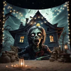 Halloween Hanging Tapestry Zombie Photograph Backdrop Jack O Lantern Wall Art Large Tapestry Mural Decor Blanket Curtain Home Bedroom Living Room Decoration Death Selfie