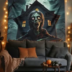 Halloween Hanging Tapestry Zombie Photograph Backdrop Jack O Lantern Wall Art Large Tapestry Mural Decor Blanket Curtain Home Bedroom Living Room Decoration Death Selfie