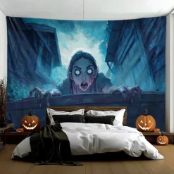 Halloween Hanging Tapestry Zombie Photograph Backdrop Jack O Lantern Wall Art Large Tapestry Mural Decor Blanket Curtain Home Bedroom Living Room Decoration Death Selfie