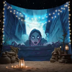 Halloween Hanging Tapestry Zombie Photograph Backdrop Jack O Lantern Wall Art Large Tapestry Mural Decor Blanket Curtain Home Bedroom Living Room Decoration Death Selfie