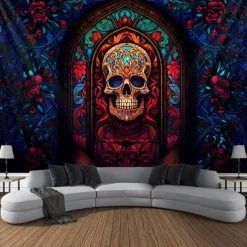 Halloween Hanging Tapestry Day of Dead Skull Wall Art Large Tapestry Mural Decor Photograph Backdrop Blanket Curtain Home Bedroom Living Room Decoration Stained Glass Decorations