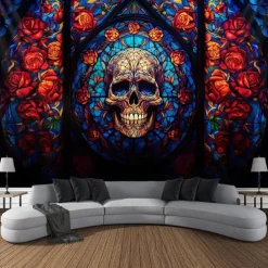 Halloween Hanging Tapestry Day of Dead Skull Wall Art Large Tapestry Mural Decor Photograph Backdrop Blanket Curtain Home Bedroom Living Room Decoration Stained Glass Decorations