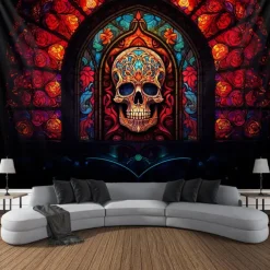 Halloween Hanging Tapestry Day of Dead Skull Wall Art Large Tapestry Mural Decor Photograph Backdrop Blanket Curtain Home Bedroom Living Room Decoration Stained Glass Decorations