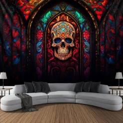 Halloween Hanging Tapestry Day of Dead Skull Wall Art Large Tapestry Mural Decor Photograph Backdrop Blanket Curtain Home Bedroom Living Room Decoration Stained Glass Decorations