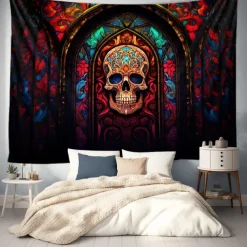 Halloween Hanging Tapestry Day of Dead Skull Wall Art Large Tapestry Mural Decor Photograph Backdrop Blanket Curtain Home Bedroom Living Room Decoration Stained Glass Decorations
