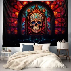 Halloween Hanging Tapestry Day of Dead Skull Wall Art Large Tapestry Mural Decor Photograph Backdrop Blanket Curtain Home Bedroom Living Room Decoration Stained Glass Decorations