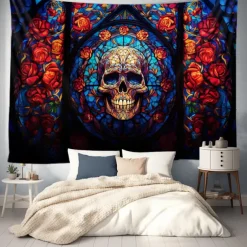 Halloween Hanging Tapestry Day of Dead Skull Wall Art Large Tapestry Mural Decor Photograph Backdrop Blanket Curtain Home Bedroom Living Room Decoration Stained Glass Decorations