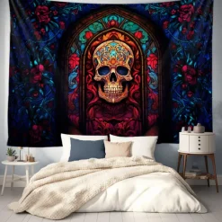 Halloween Hanging Tapestry Day of Dead Skull Wall Art Large Tapestry Mural Decor Photograph Backdrop Blanket Curtain Home Bedroom Living Room Decoration Stained Glass Decorations