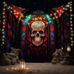 Halloween Hanging Tapestry Day of Dead Skull Wall Art Large Tapestry Mural Decor Photograph Backdrop Blanket Curtain Home Bedroom Living Room Decoration Stained Glass Decorations