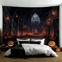 Halloween Haunted Castle Hanging Tapestry Wall Art Large Tapestry Mural Decor Photograph Backdrop Blanket Curtain Home Bedroom Living Room Decoration