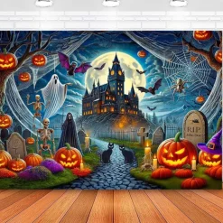 Halloween Haunted Castle Tapestry – Spooky Pumpkin Ghost Bat Graveyard Wall Art Backdrop, Gothic Horror Large Hanging Mural Blanket Curtain for Bedroom Living Room Home Decoration