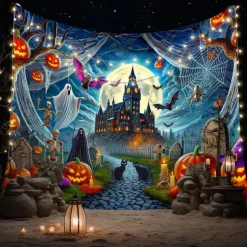 Halloween Haunted Castle Tapestry – Spooky Pumpkin Ghost Bat Graveyard Wall Art Backdrop, Gothic Horror Large Hanging Mural Blanket Curtain for Bedroom Living Room Home Decoration