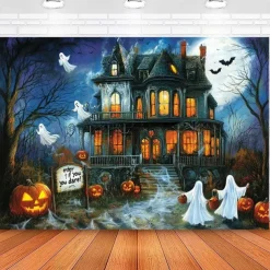 Halloween Haunted Castle Tapestry – Spooky Pumpkin Ghost Bat Graveyard Wall Art Backdrop, Gothic Horror Large Hanging Mural Blanket Curtain for Bedroom Living Room Home Decoration