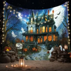 Halloween Haunted Castle Tapestry – Spooky Pumpkin Ghost Bat Graveyard Wall Art Backdrop, Gothic Horror Large Hanging Mural Blanket Curtain for Bedroom Living Room Home Decoration