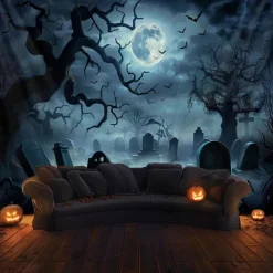 Halloween Haunted Graveyard Wall Tapestry – Full Moon with Flying Bats, Spooky Trees, Gothic Backdrop for 2025 Halloween Bedroom, Living Room, Horror Party Decoration
