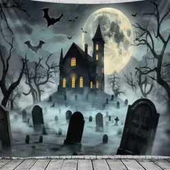 Halloween Haunted Graveyard Wall Tapestry – Full Moon with Flying Bats, Spooky Trees, Gothic Backdrop for 2025 Halloween Bedroom, Living Room, Horror Party Decoration