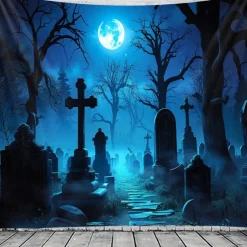 Halloween Haunted Graveyard Wall Tapestry – Full Moon with Flying Bats, Spooky Trees, Gothic Backdrop for 2025 Halloween Bedroom, Living Room, Horror Party Decoration