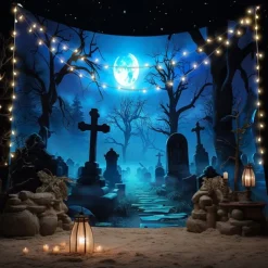 Halloween Haunted Graveyard Wall Tapestry – Full Moon with Flying Bats, Spooky Trees, Gothic Backdrop for 2025 Halloween Bedroom, Living Room, Horror Party Decoration
