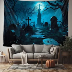 Halloween Haunted Graveyard Wall Tapestry – Full Moon with Flying Bats, Spooky Trees, Gothic Backdrop for 2025 Halloween Bedroom, Living Room, Horror Party Decoration