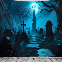 Halloween Haunted Graveyard Wall Tapestry – Full Moon with Flying Bats, Spooky Trees, Gothic Backdrop for 2025 Halloween Bedroom, Living Room, Horror Party Decoration