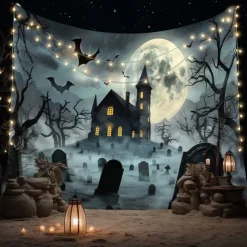 Halloween Haunted Graveyard Wall Tapestry – Full Moon with Flying Bats, Spooky Trees, Gothic Backdrop for 2025 Halloween Bedroom, Living Room, Horror Party Decoration